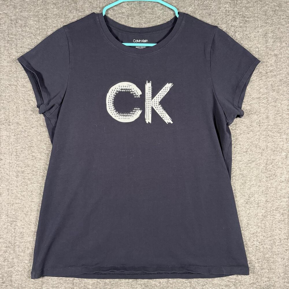 Calvin Klein Womens Large Navy Blue Rhinestone CK Logo Short Sleeve T Shirt Y2K